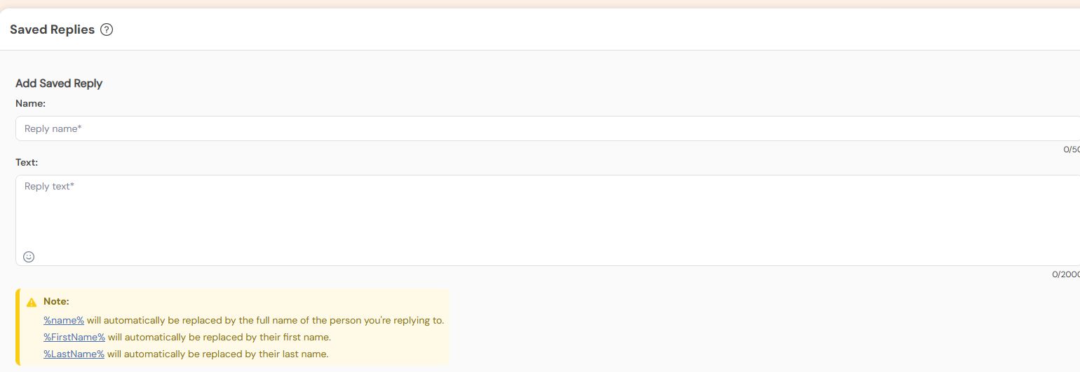Name and Text fields with recipient-name placeholders in the Add Saved Reply form